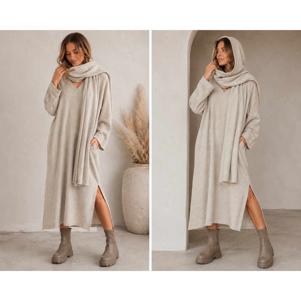 Nap Take a Nap Oversized Hooded Sweater Dress L Attached Scarf Oatmeal Minimal